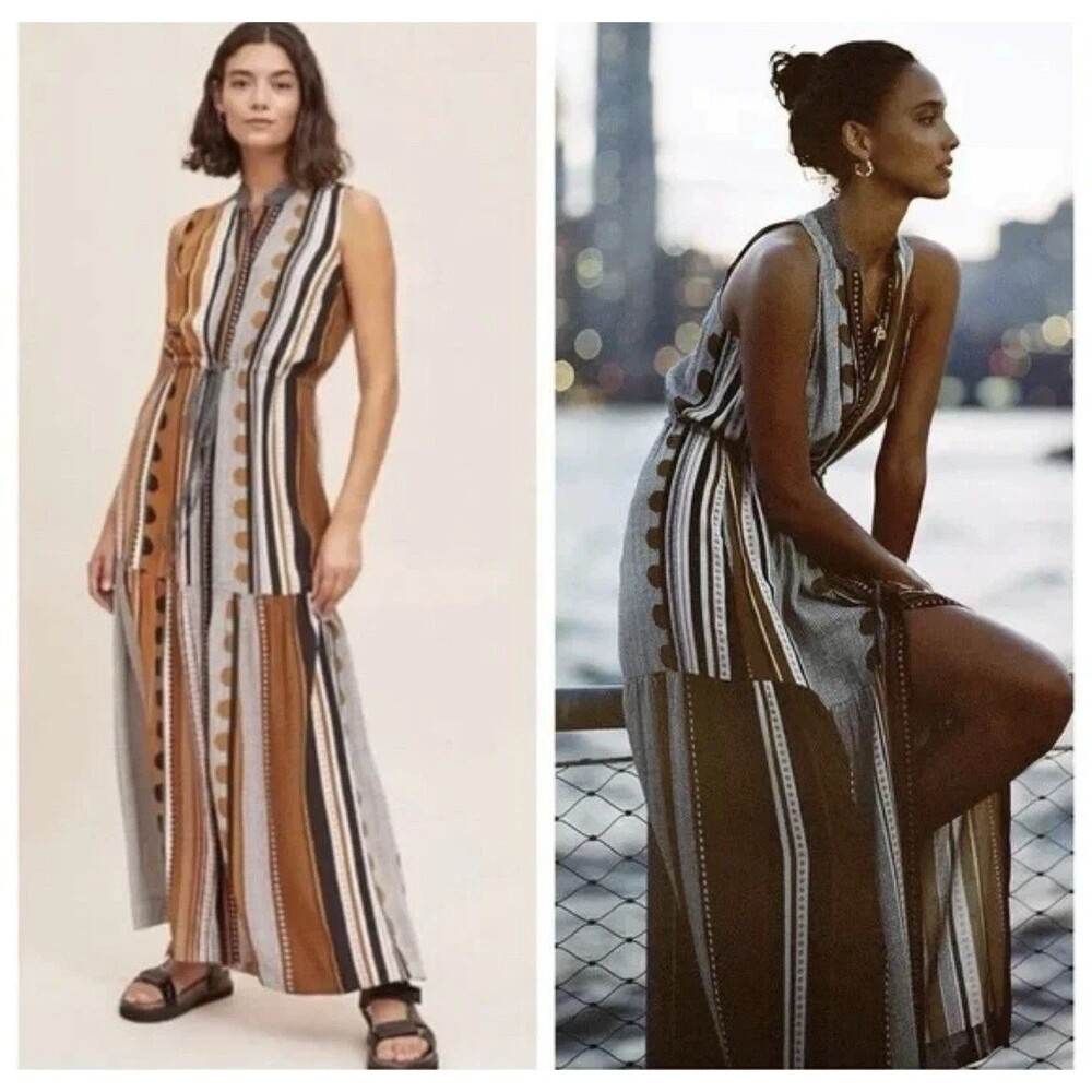 Maeve Striped Sleeveless Maxi Dress in Brown, Black & White